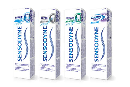 Fyra olika produkter fr&aring;n Sensodyne "Repair & Protect" , "whiening", ""Repair & protect extra fresh" , "Rapid relief" placerade bredvid varandra med en vit bakgrund.