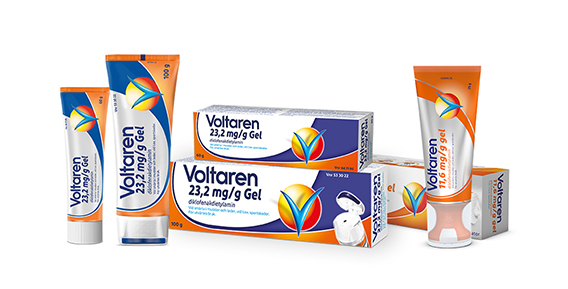 	Flera f&ouml;rpackningar av Voltaren gel, inklusive tuber och kartonger.
