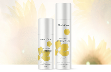 Produkter fr&aring;n Aleah Care uppradade mot en ljusgul bakgrund med en gul blomma.