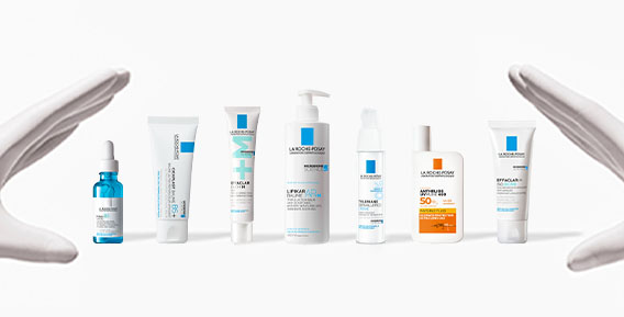 	Produkter fr&aring;n La Roche-Posay uppradade bredvid varandra mot en vit bakgrund.