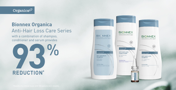 Tre Bionnex Organica hårvårdsprodukter och ett serum visas bredvid text som framhäver "93 % minskning av håravfall".