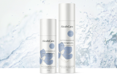 Produkter fr&aring;n Aleah Care uppradade mot en bakgrund med bl&aring;a inslag.